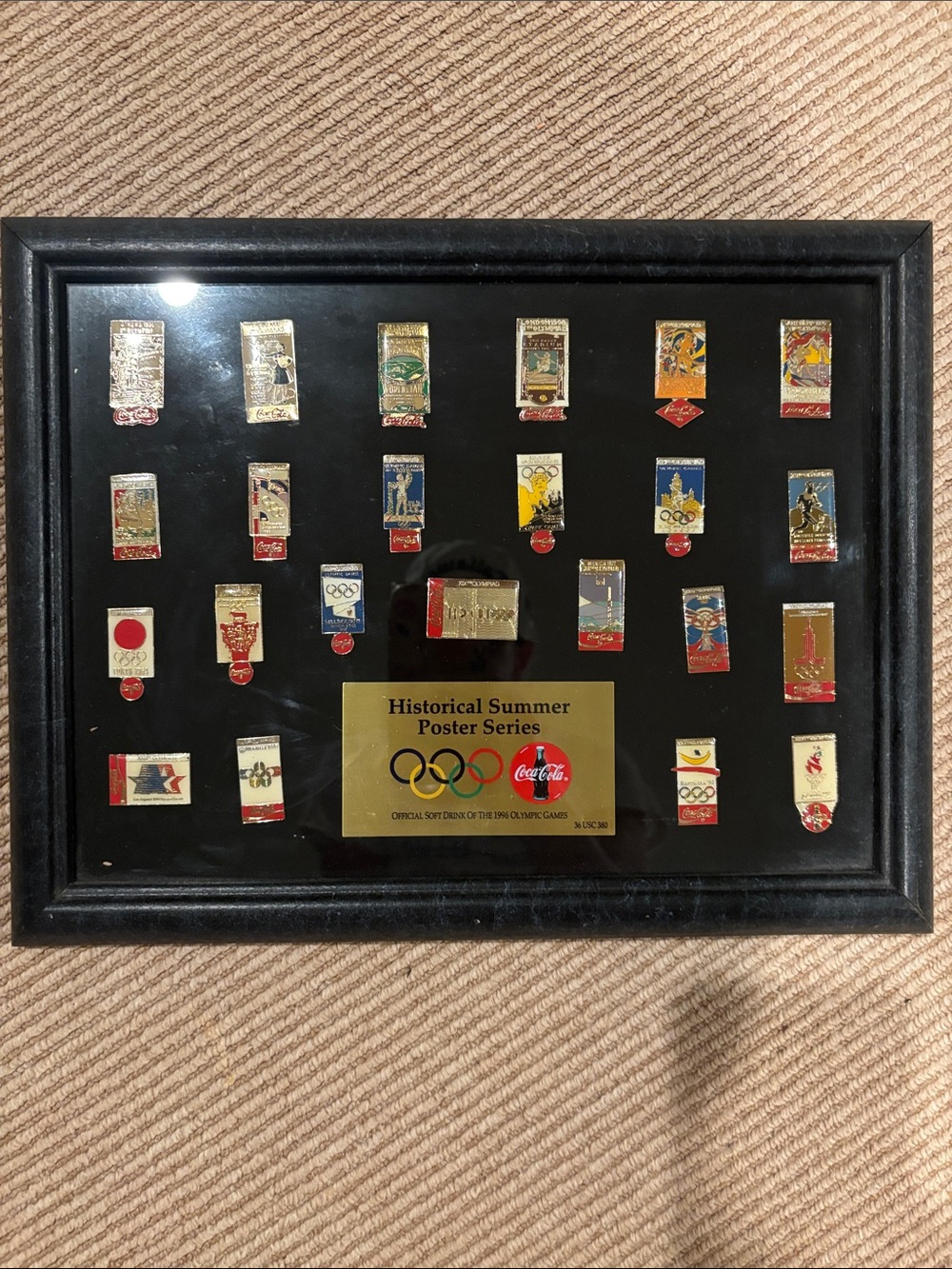 Coca Cola Framed Olympic Historical Summer Poster Pin Display - Black & Gold